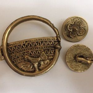 Pin & Earring Set. Burnished gold clip earrings